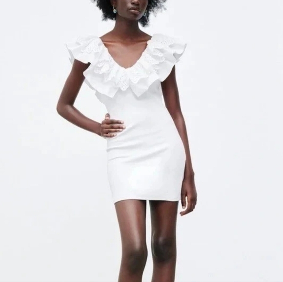 Zara White Eyelet Lace Ruffle Ribbed Mini Dress New Bodycon Size Medium Coquette - Picture 7 of 15